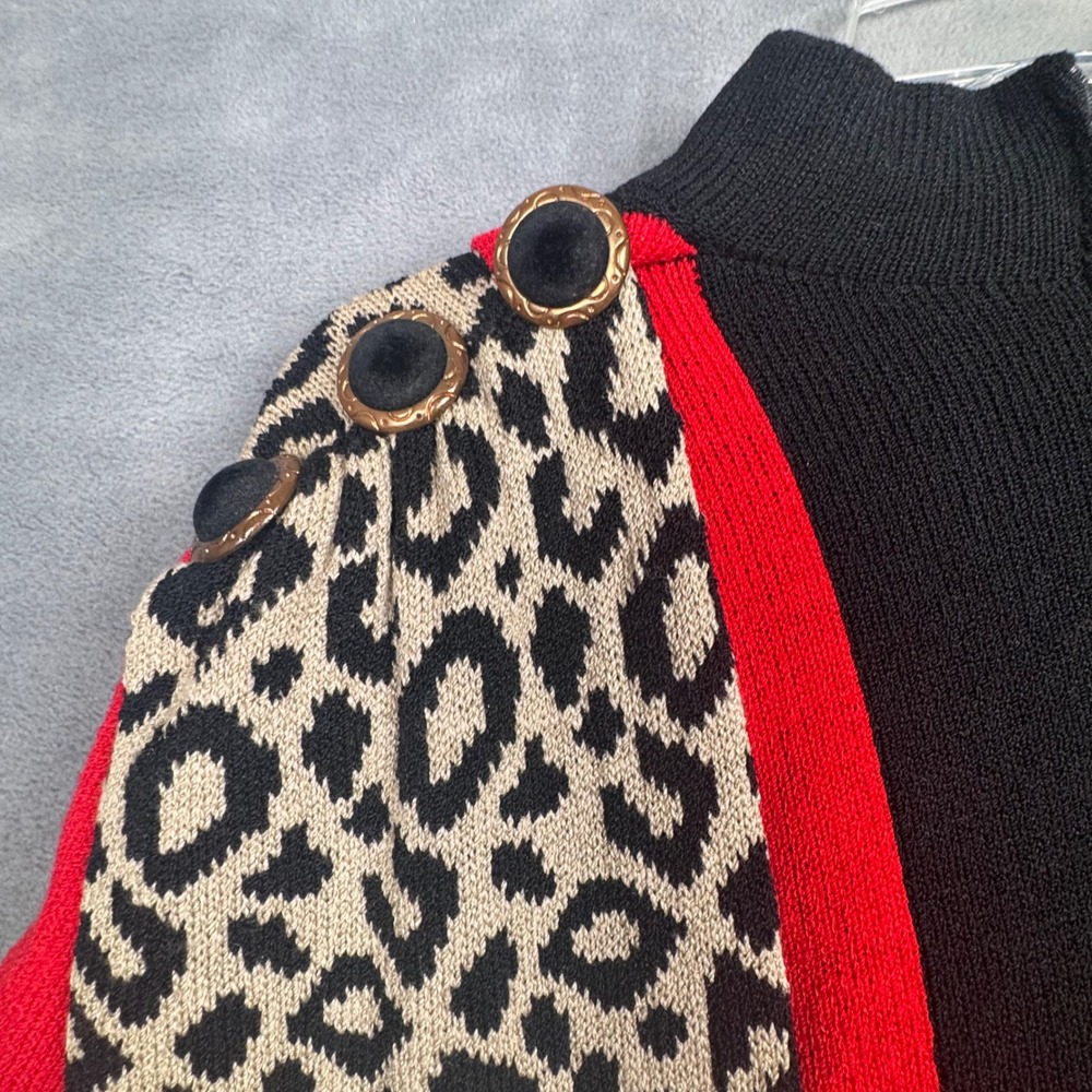Lillie Rubin Vintage Leopard Colorblock Fringe Knit Tunic Dress Red Black Sz 14 - Picture 3 of 8